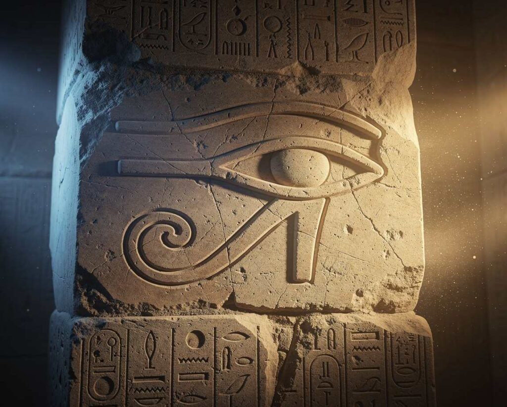 Ancient Egyptian depiction of the Eye of Horus with solar disc and radiating light