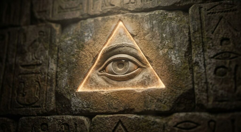 A triangular diagram showing the integration of thinking, feeling, and willing converging at the all-seeing eye at the centre