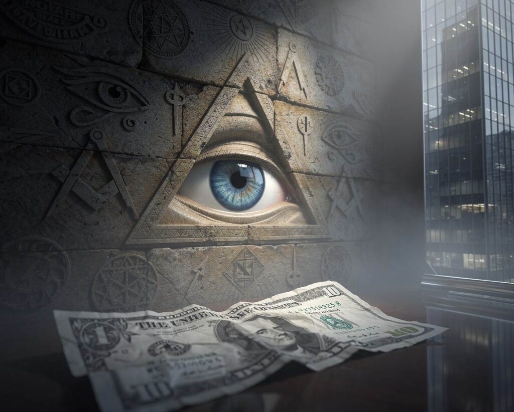 The reverse of the Great Seal of the United States showing the unfinished pyramid with the Eye of Providence at the apex