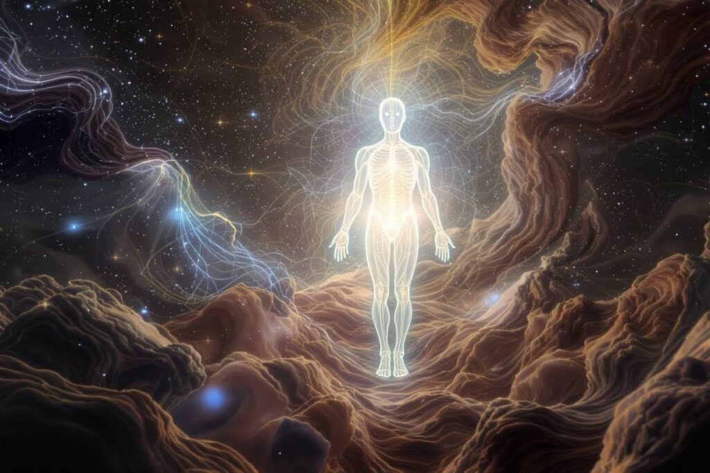 A meditator seated in lotus posture with translucent layers of subtle bodies ascending into a star-filled cosmic backdrop