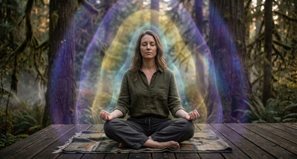 A woman meditating in a forest with a radiant rainbow aura dissolving into the surrounding trees
