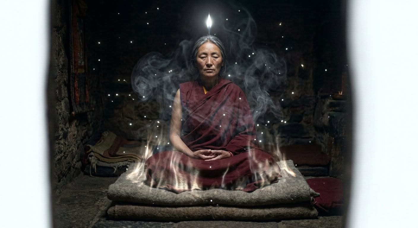 Elderly monk seated in meditation before Himalayan mountains with column of white light descending through crown chakra