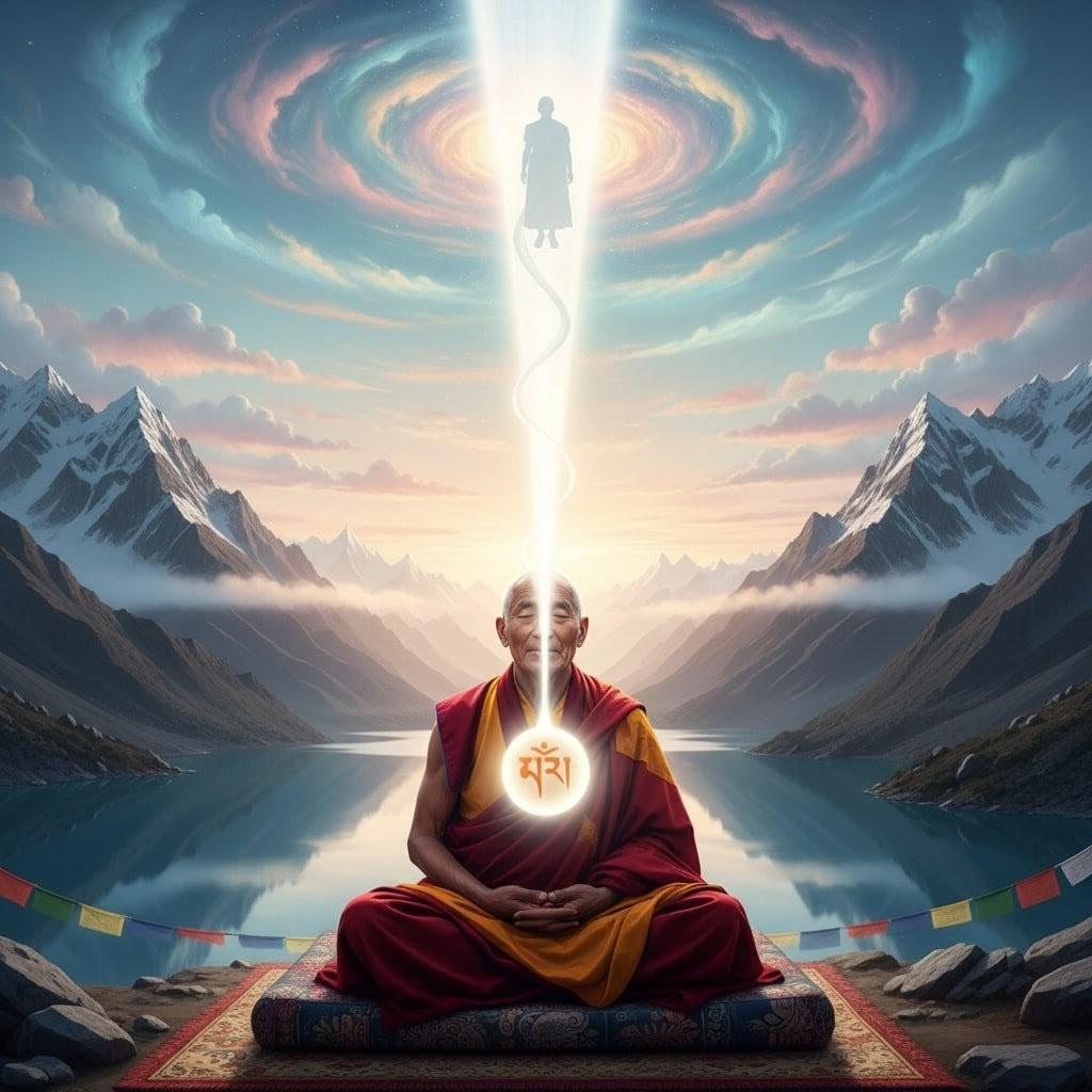 Tibetan monk in deep meditation before mountain lake with clear light emanating from heart centre