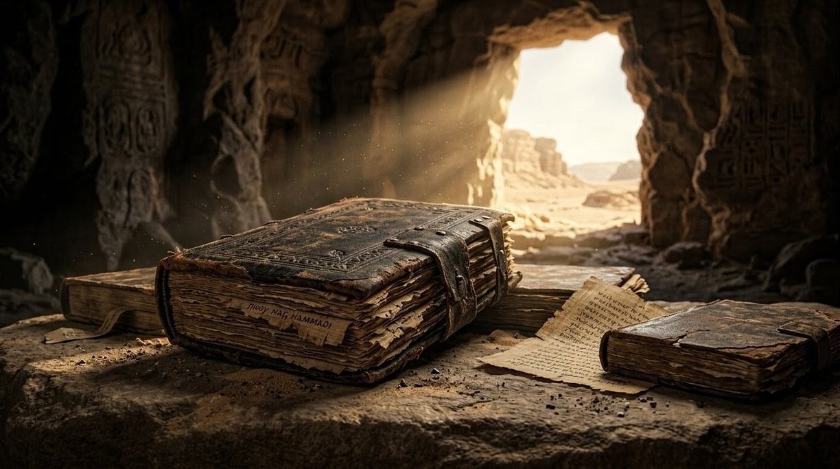 Contemporary seeker studying ancient texts with digital and physical tools