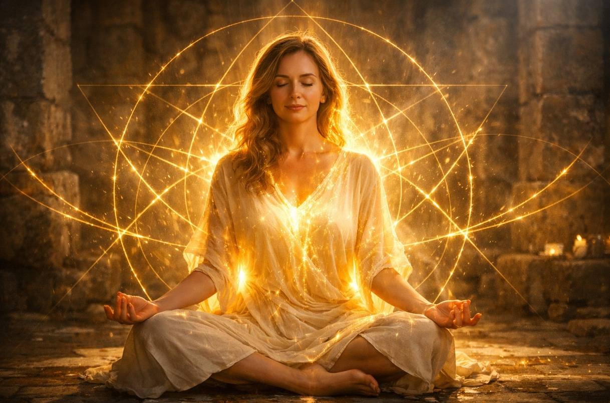 Practitioner in meditation posture with subtle energy channels visible