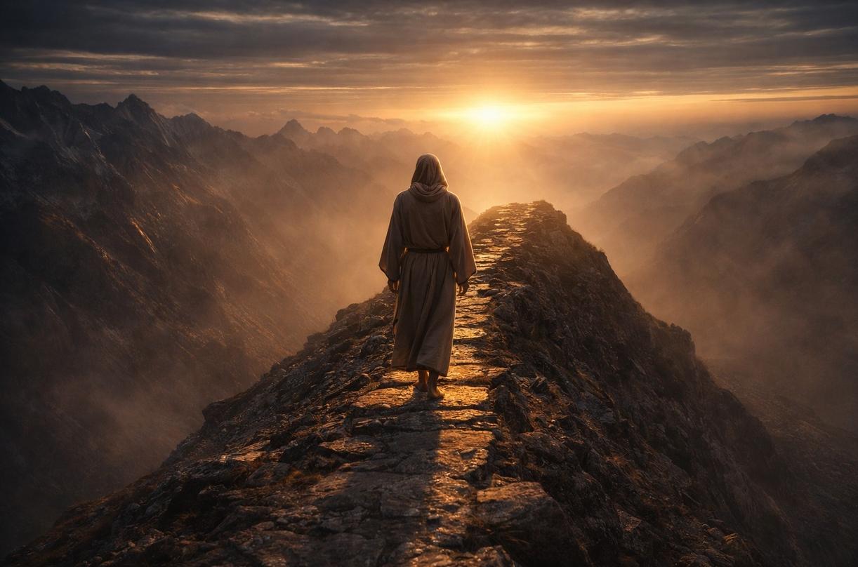 Ancient ascetic practitioner in desert cave with minimal possessions