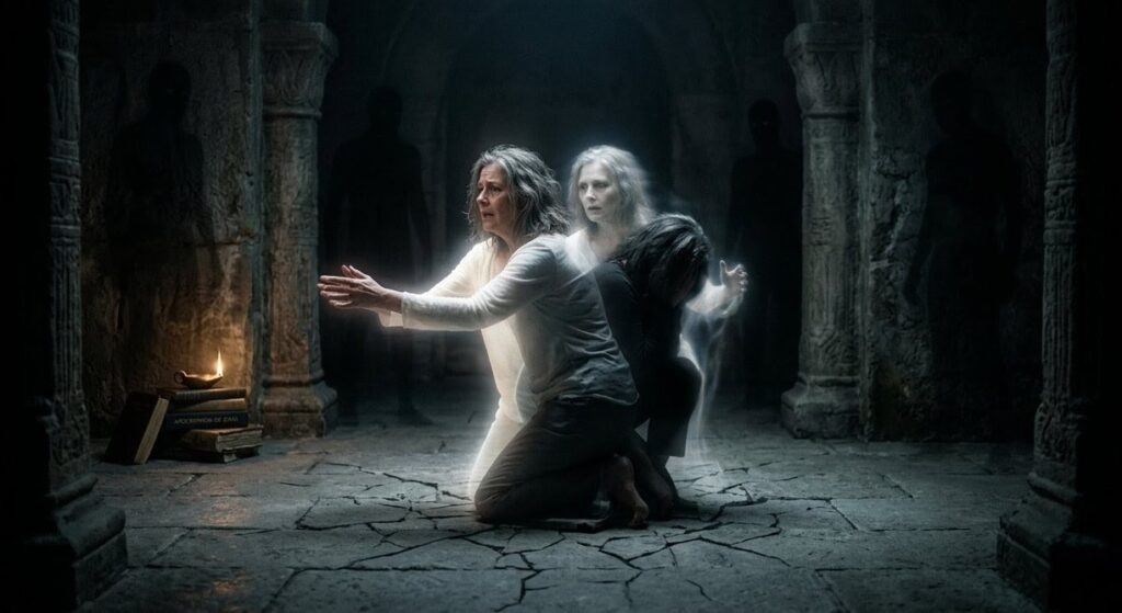 Figure standing between realms of light and shadow representing instability