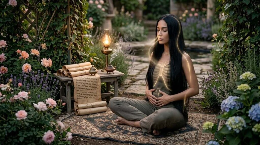 Practitioner with one-pointed focus on candle flame in dark meditation chamber