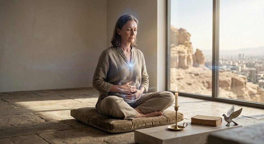 Contemplative practitioner seated in luminous stillness representing stabilised awareness