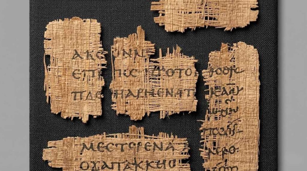 Ancient Coptic manuscript fragments showing fibre texture and ink traces on aged papyrus