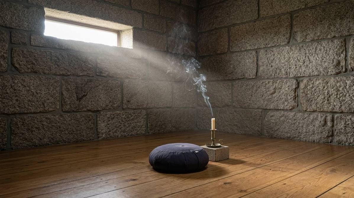 A threshold space between light and shadow representing the liminal state after vocalisation practice
