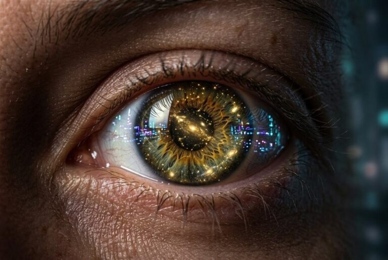 Macro of human eye reflecting urban lights transforming into cosmic starfield, representing the alchemy of attention turning distraction into presence