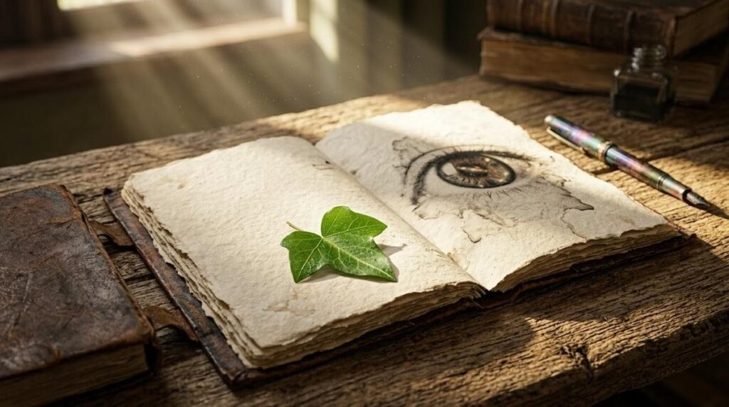 Vintage leather journal with handmade paper and single ivy leaf on wooden table, illuminated by dramatic morning side-light