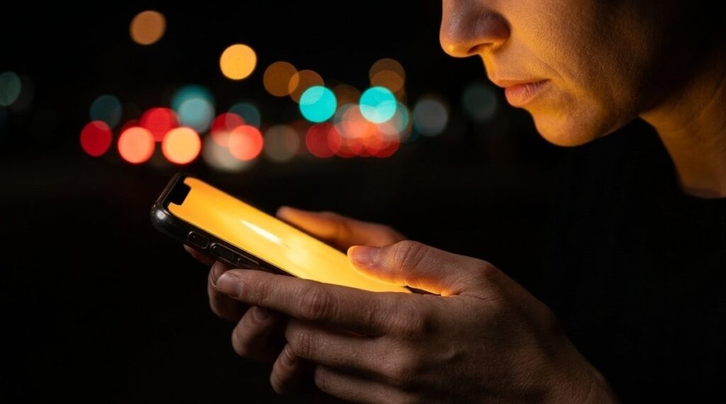 Hands holding smartphone emitting warm amber light rather than blue screen glow, representing conscious attention practice against digital extraction