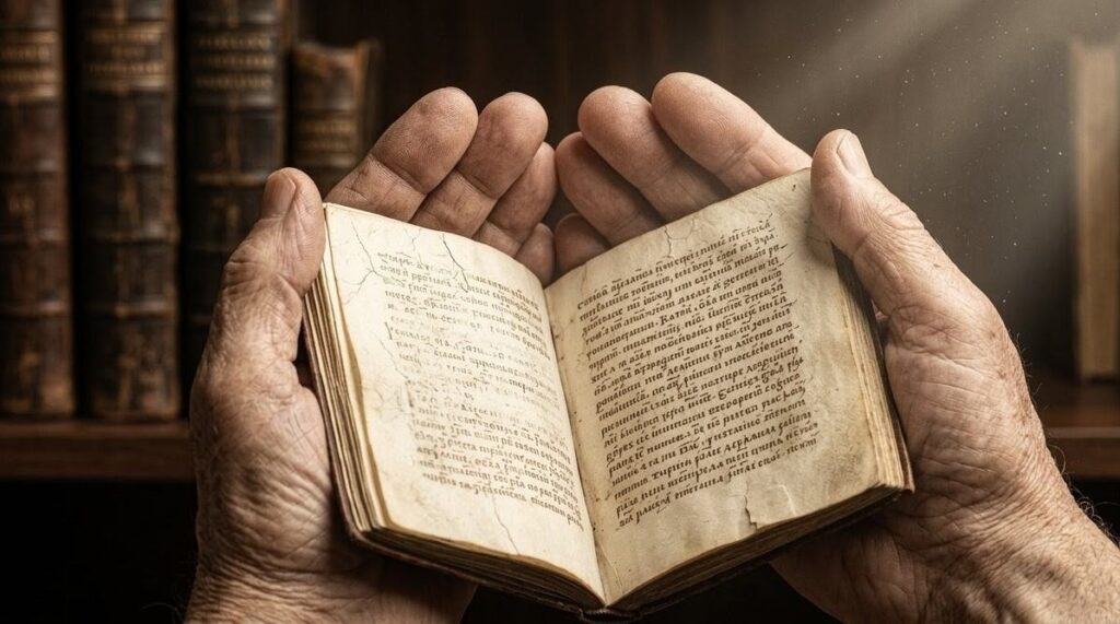 Weathered hands holding ancient vellum manuscript in soft window light, representing Lectio Divina sacred reading practice