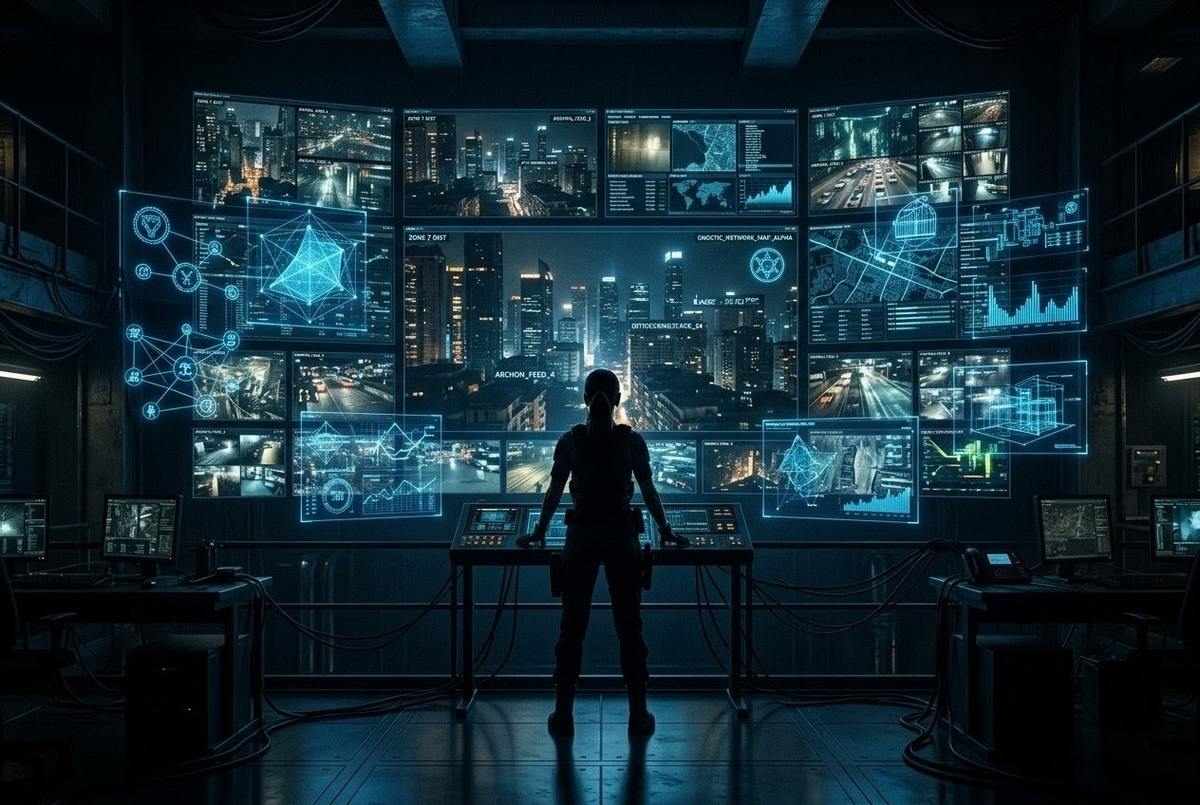 Futuristic command centre with holographic data visualisations and administrator silhouette facing wall of monitors showing city surveillance feeds