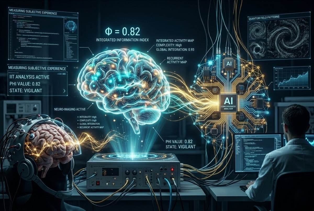 AI system analysing neural patterns and quantum fields to detect consciousness