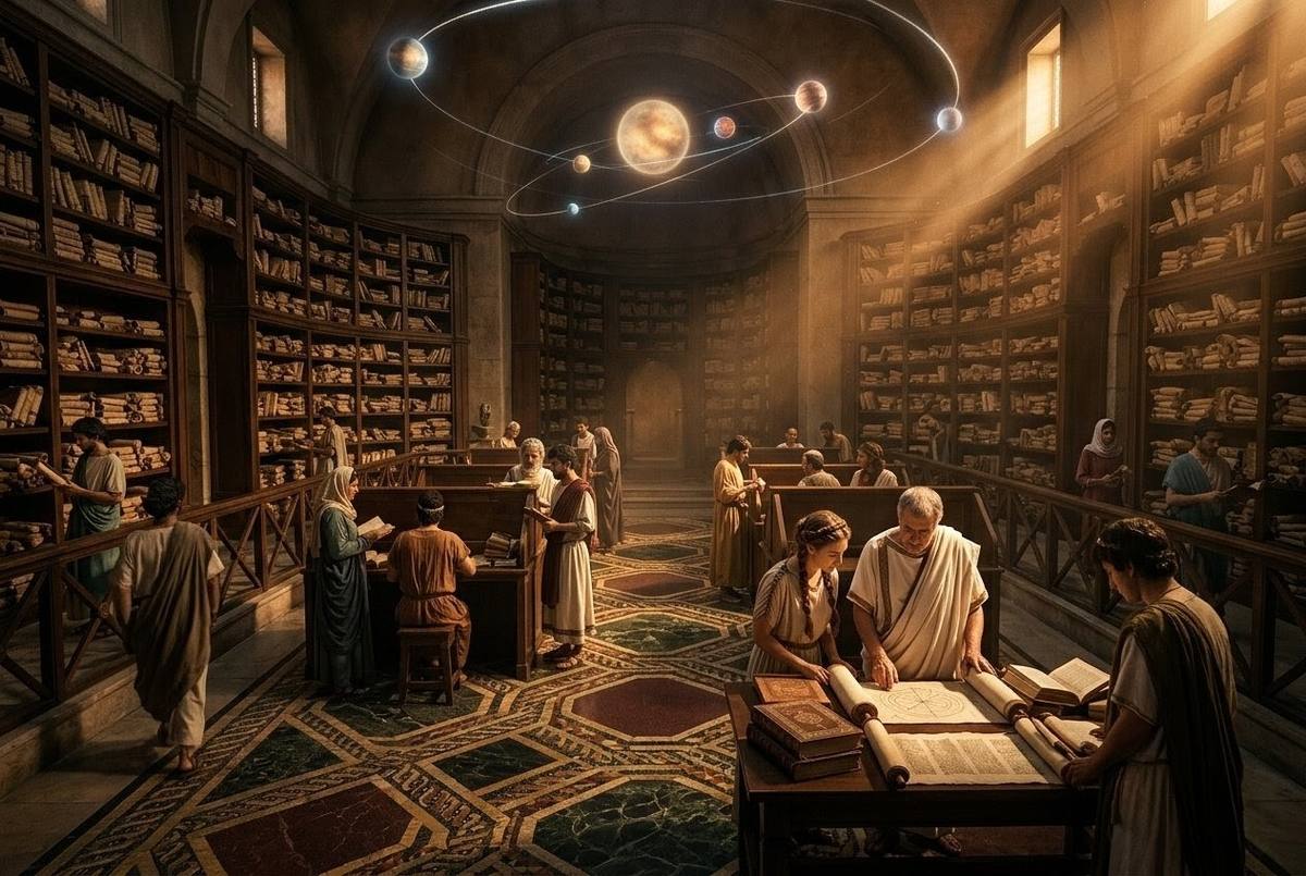 Ancient Library of Alexandria at dusk with towering scrolls and ethereal planetary spheres visible through open windows