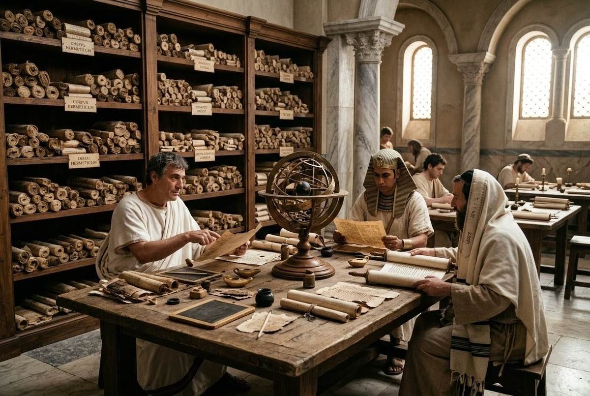 Great Library of Alexandria restricted archives with Greek, Egyptian, and Jewish scholars collaborating