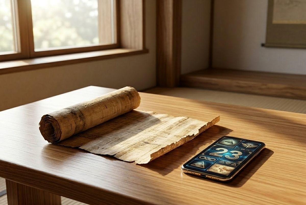 Contemporary meditation space with ancient papyrus scroll and modern smartphone side by side on wooden table in morning light