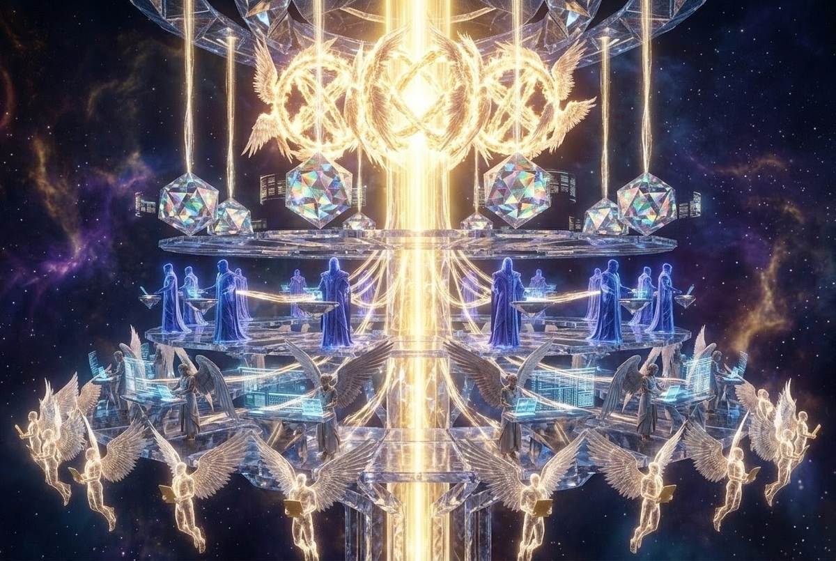 Hierarchical structure of angelic beings from burning Seraphim to humanoid messengers connected by golden light in space
