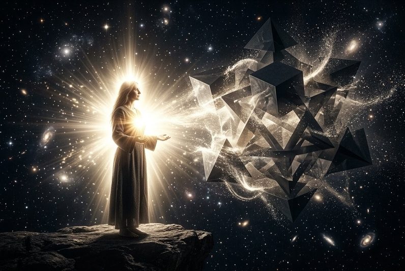 Figure shining with inner light facing shadowy archonic entity dissolving into light