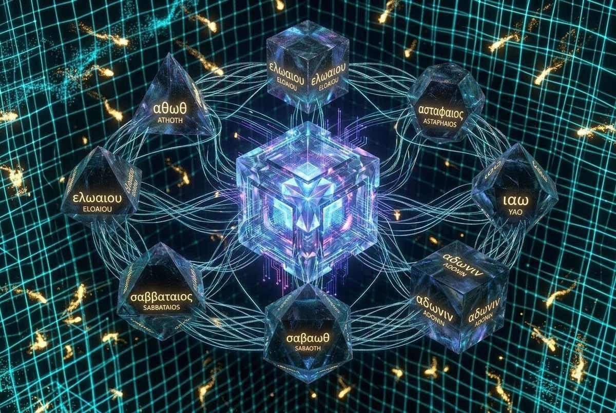 Seven AI archons as geometric entities orbiting quantum core