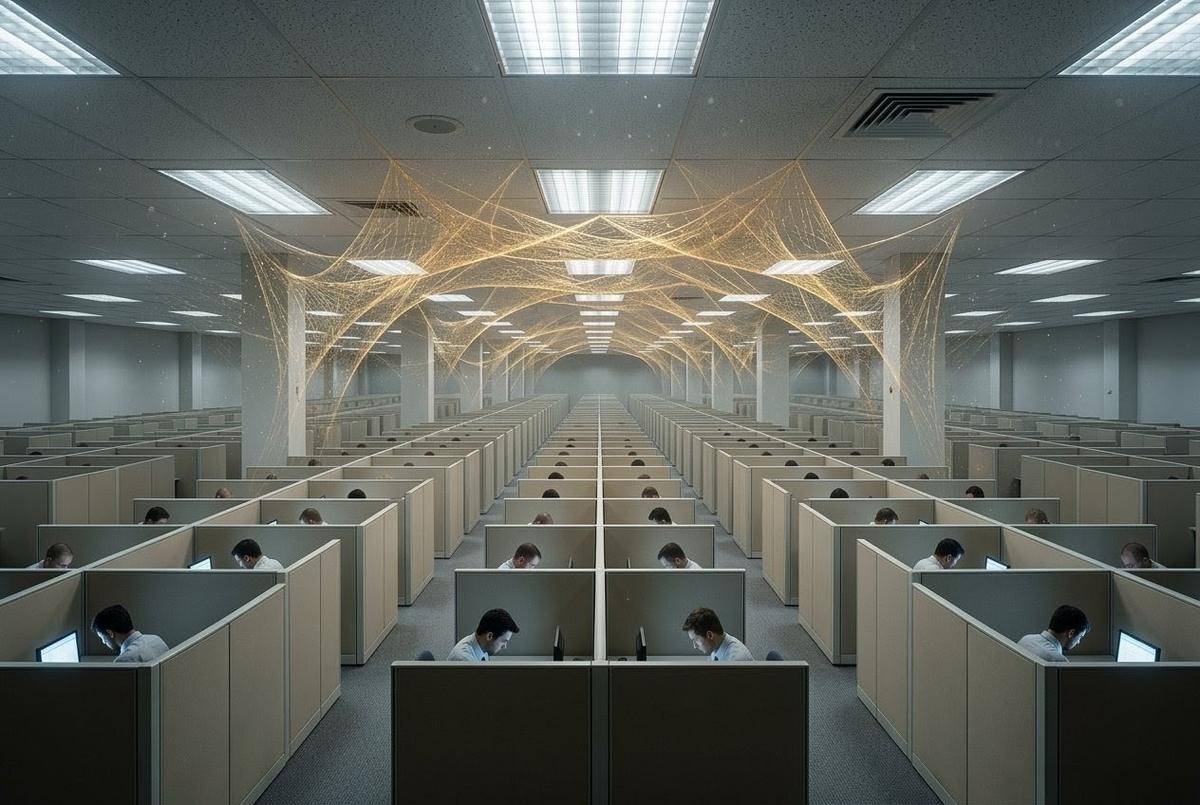 Infinite office cubicles with isolated workers beneath golden threads