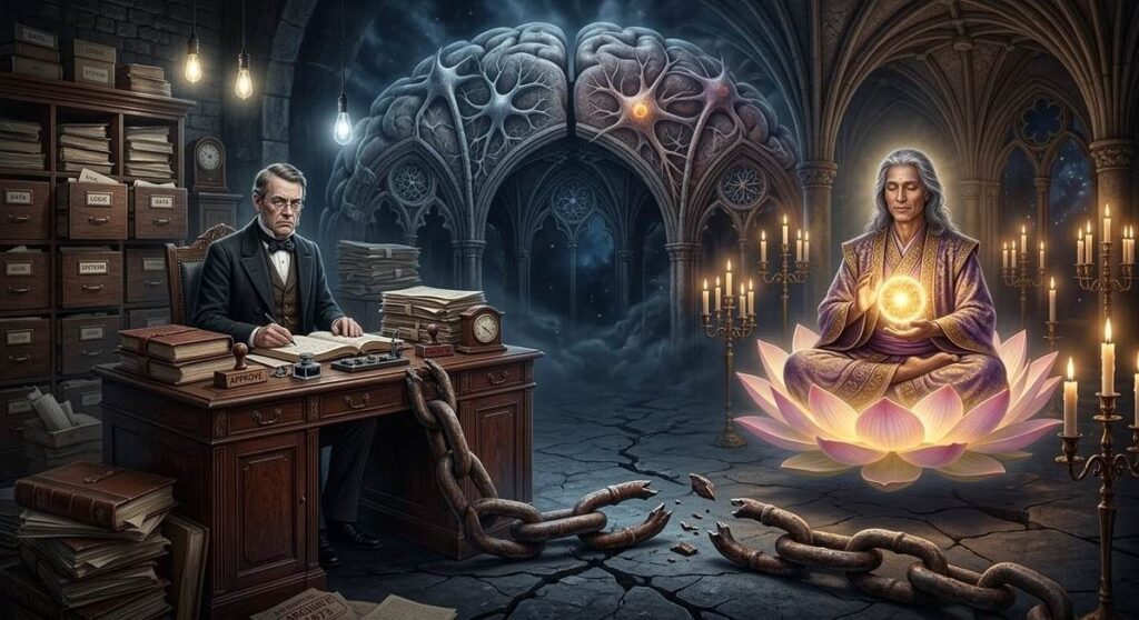 Surreal depiction of bureaucratic clerk and enlightened monarch representing left and right hemispheres