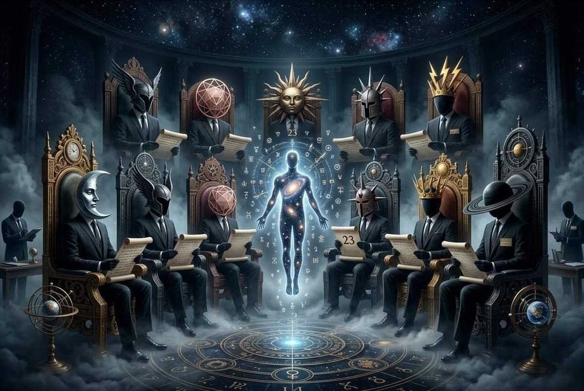 The Seven Planetary Archons as bureaucratic administrators seated on thrones of celestial machinery