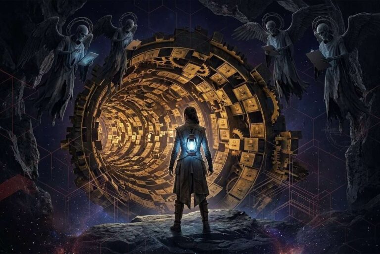 A lone human figure stands before a massive golden tunnel of light resembling bureaucratic filing gears, while shadowy winged entities with clipboards observe from above. The figure holds an inner blue-white lantern of true spiritual sovereignty against a hexagonal grid of cosmic red tape