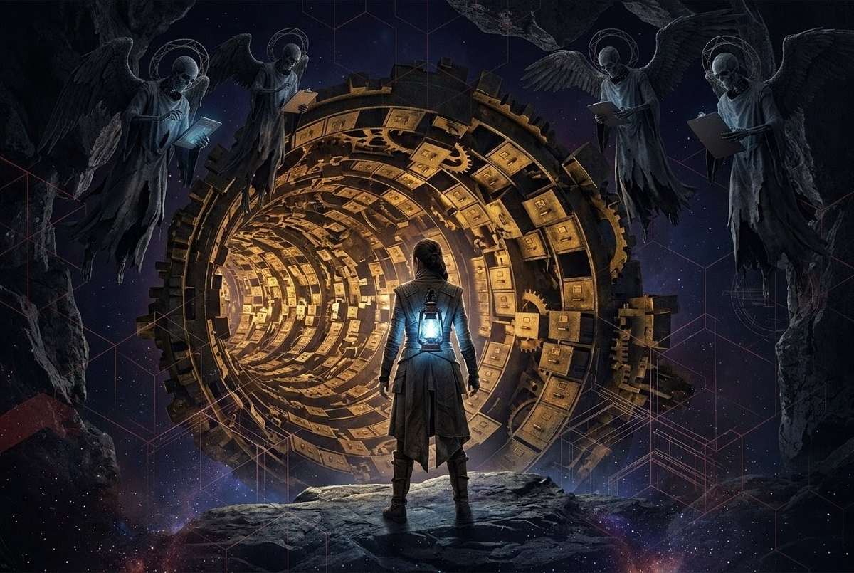 A lone human figure stands before a massive golden tunnel of light resembling bureaucratic filing gears, while shadowy winged entities with clipboards observe from above. The figure holds an inner blue-white lantern of true spiritual sovereignty against a hexagonal grid of cosmic red tape