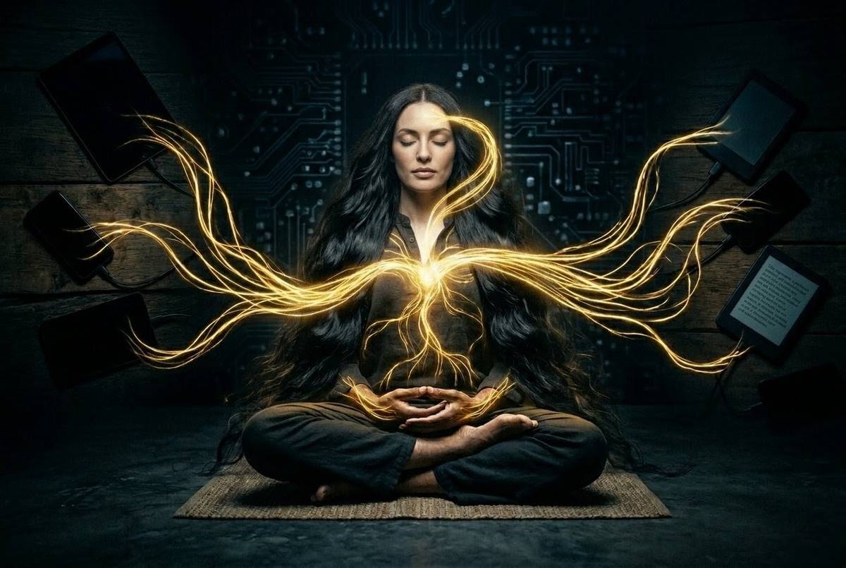 Golden neural pathways withdrawing from digital devices and returning to human figure