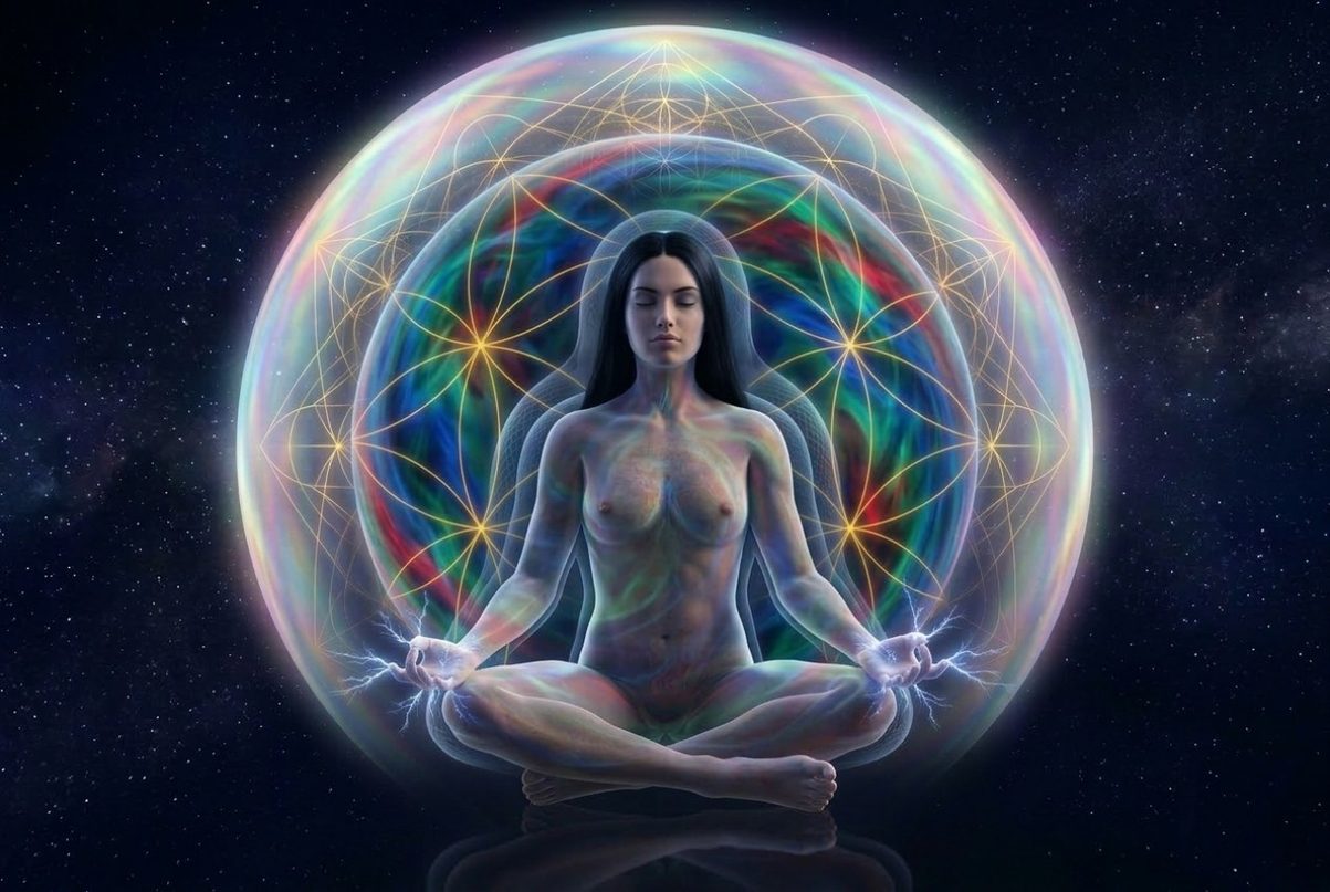 Multi-layered human aura extending outward in coloured fields