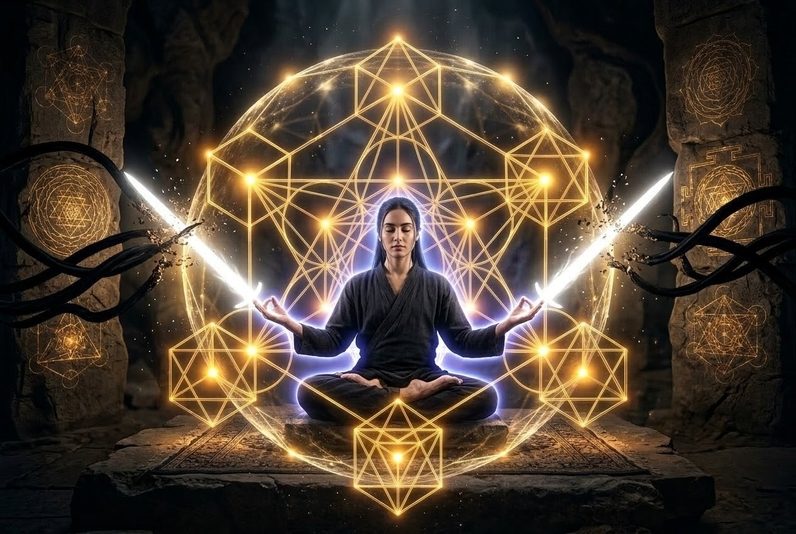 Figure surrounded by golden geometric shields severing dark energetic cords