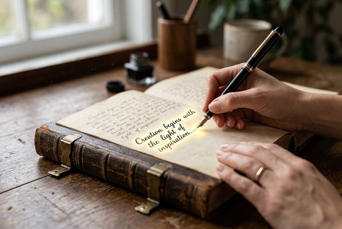 Hands writing in a book with golden light, while shadows of old text fade from the pages