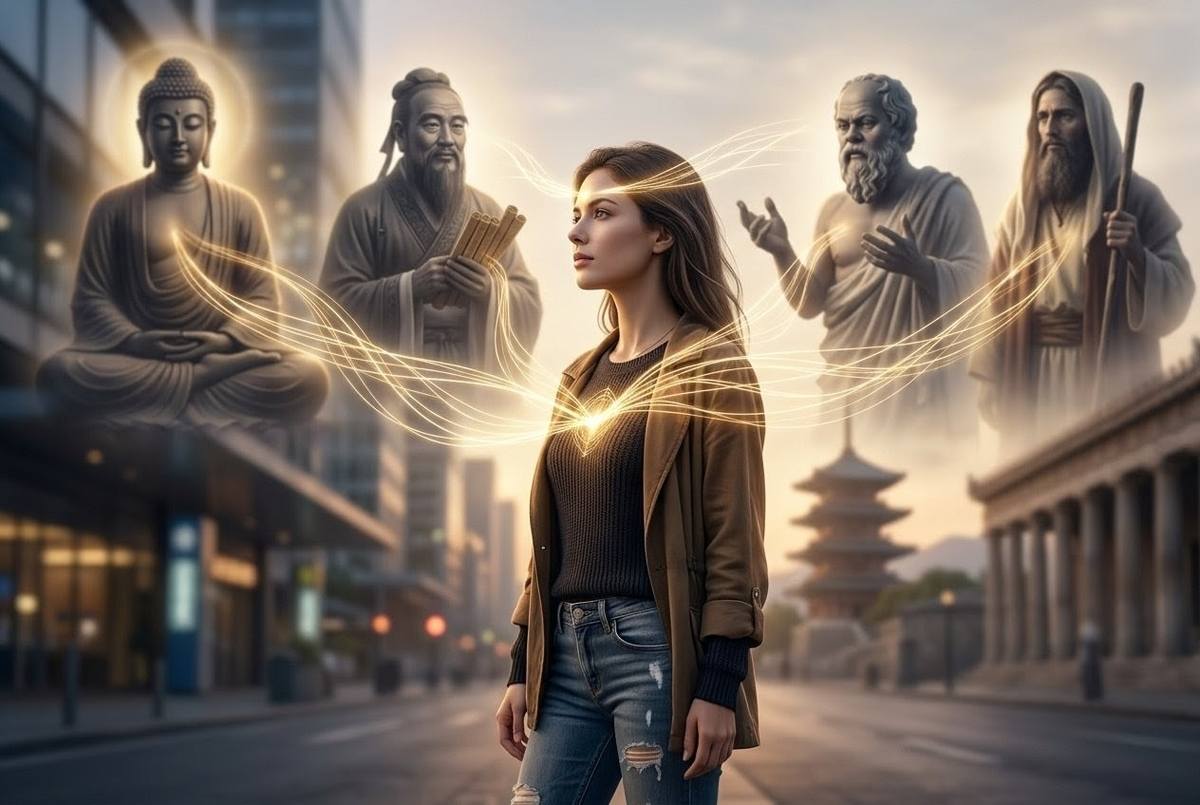 Modern human silhouette connected by threads of light to ancient sages including Buddha, Confucius, Socrates and Hebrew prophet