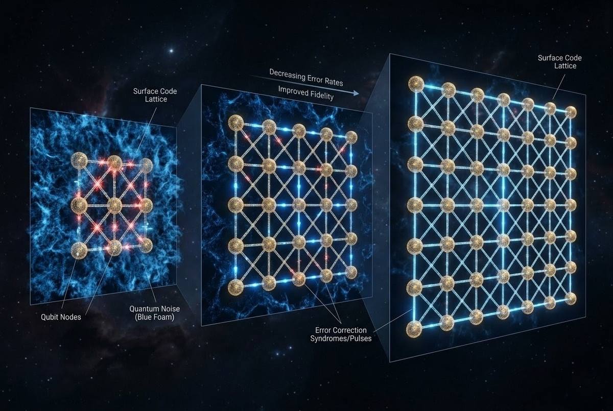 Expanding grid of qubits showing decreasing error rates as scale increases