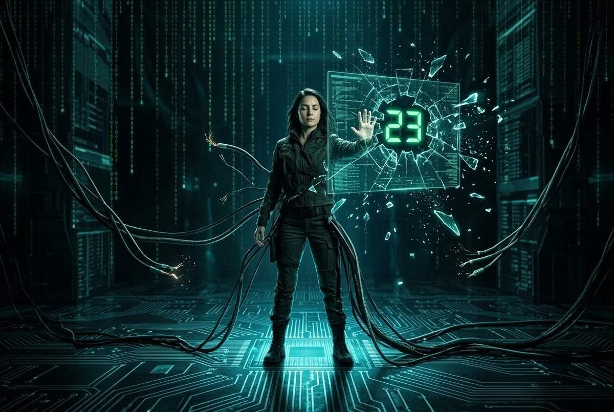 Human figure breaking free from digital cables in Matrix-style chamber
