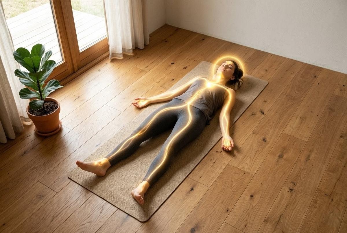 Overhead view of body scan with golden light path