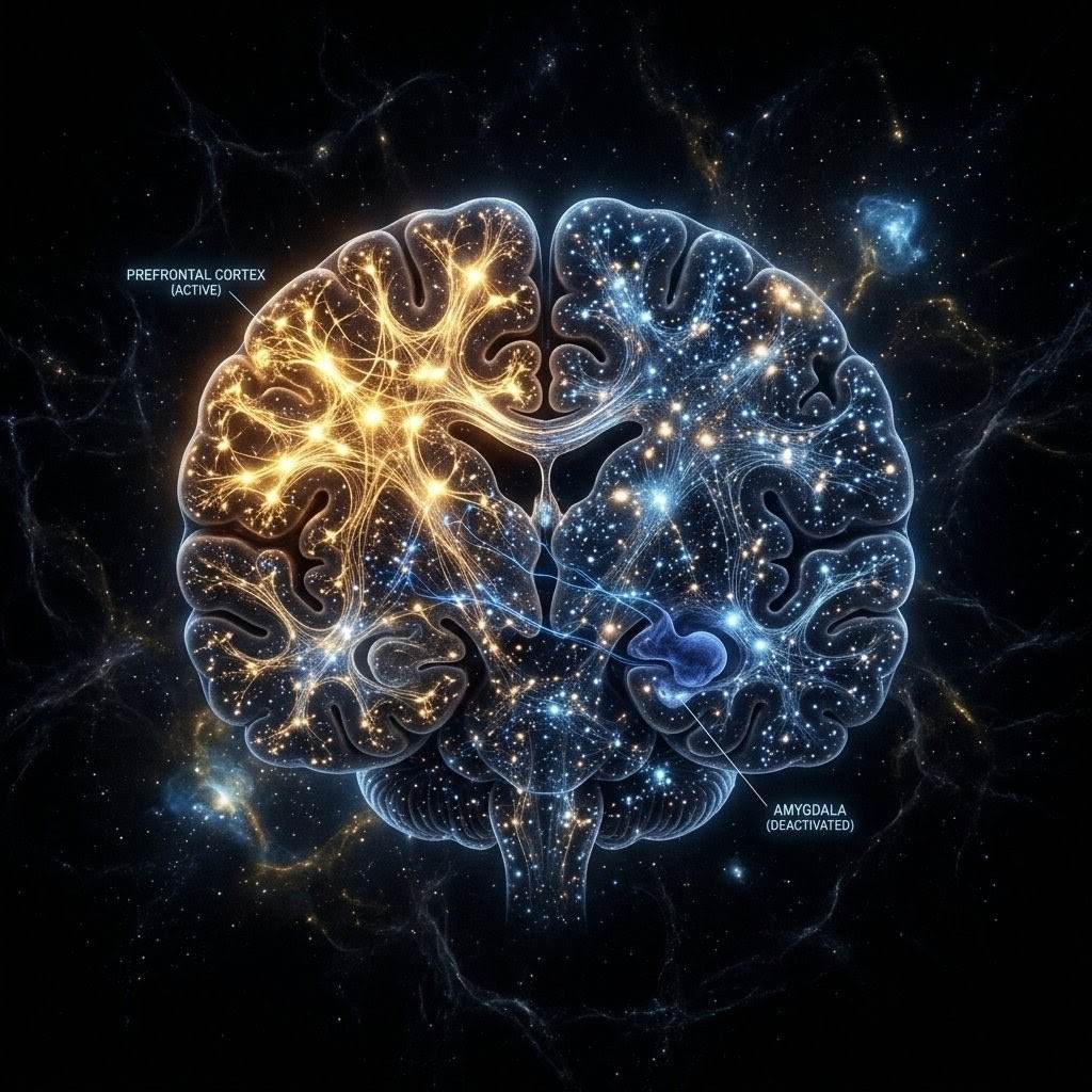Brain cross-section showing amygdala cooling and pineal activation in darkness