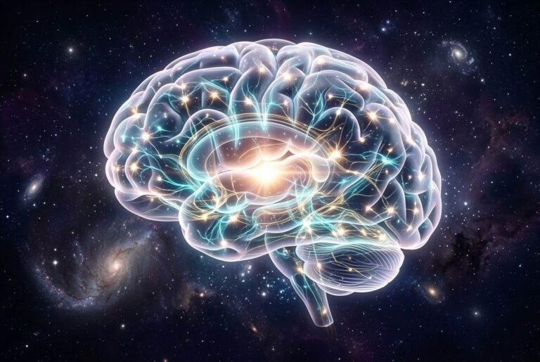 Human brain with illuminated neural networks and cosmic light representing mystical physiology