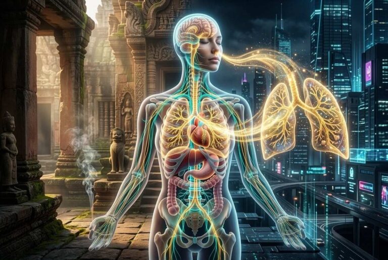 Anatomical visualization showing breathwork's effect on the vagus nerve and nervous system, bridging ancient and modern consciousness technologies