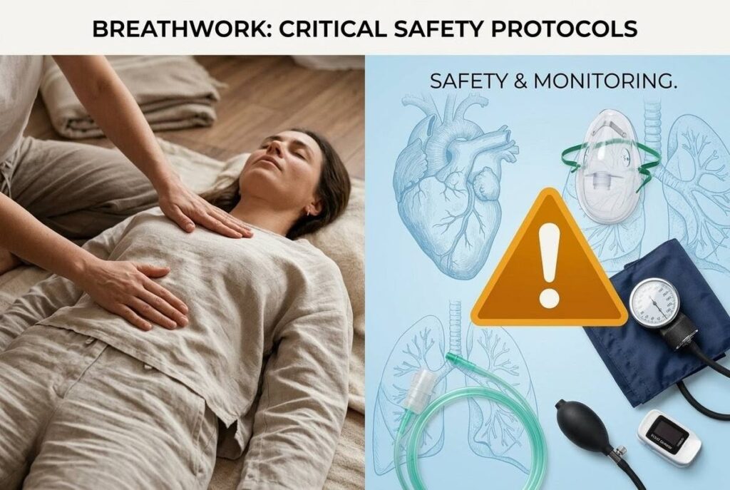 Professional breathwork facilitation showing safety protocols and therapeutic containment for altered state work