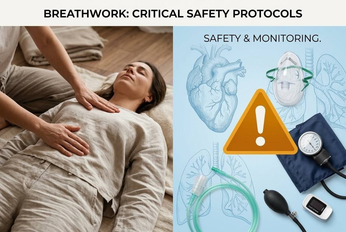 Professional breathwork facilitation showing safety protocols and therapeutic containment for altered state work