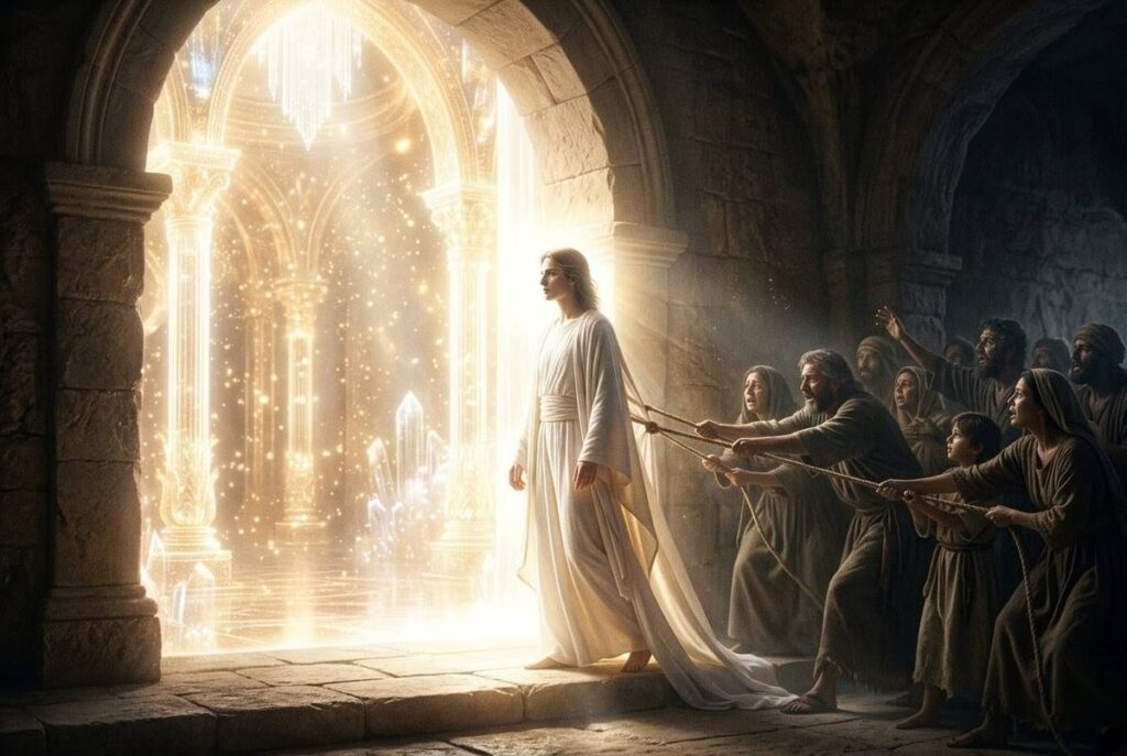 Androgynous figure entering chamber of light while crowds hold back