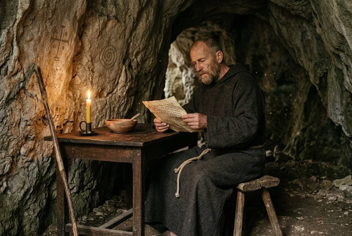 Cathar perfectus in ascetic cave dwelling with minimal possessions