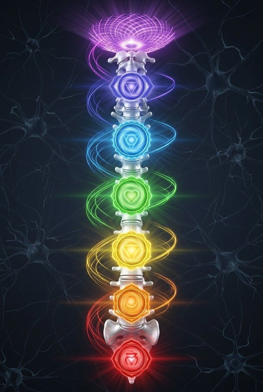 Seven chakras aligned along the spine with colours and symbols