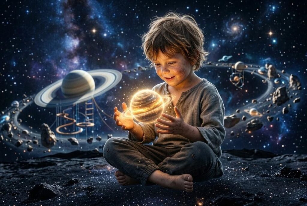 Child playing in cosmic playground with universe as backdrop