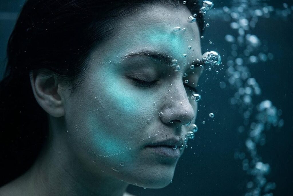 Face submerged in cold water with visible trigeminal nerve activation